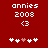 Red background with white pixelated text 'annies 2008' and a heart symbol, featuring two of five flower icons where the third icon changes from pink to white