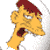 Pixelated yellow cartoon character with maroon hair, wide eyes, and a large open mouth showing a dark interior, set against a white background.