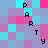 Pixelated of cyan, purple, and pink squares with scattered black 'P', 'A', 'R', 'T', 'Y' letters forming a wordwall on the background