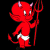 Red cartoon devil with horns, wings, and tail holding a pitchfork; red hearts fill the lower portion of the frame.