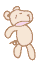 Two pixelated teddy bear icons with light brown outlines and beige bodies, one standing still with arms at sides, the other in a dancing pose with raised arm.