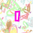 Pixelated image with colorful abstract background and four text elements in pink and purple blocks.