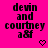 A bright pink background displays repeated text 'devin and courtney a&f' with pixelated hearts that alternate between hollow and filled states.