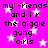 Pixelated text on a bright pink background with white stars, repeating 'my friends and i r the giggle gang girls' in four identical sections.