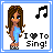 Two side-by-side pixel art frames of a female character with long brown hair wearing blue overalls and black shoes, each frame featuring musical notes and text that changes between the two frames.