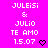 Pixelated text on bright pink background with white and black elements, including names, date, ampersand, and heart symbol.
