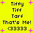 Yellow background with black text and pink starbursts; repeated phrases 'Tiffy', 'Tiff', 'Tarf', 'That's Me!', '(3333)' in two