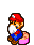 Pixelated character in red cap and blue shirt with white mustache, pink pants, brown shoes, shown in five sequential poses against gray background.