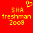 Red background with yellow pixelated text reading SHA freshman 2009 and a heart symbol above the left text block.