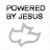 Static image with two side-by-side sections: left section shows gray text "POWERED BY JESUS" above a white outline of a dove on transparent background; right section displays green cursive text "Original Icons .com" on solid dark green background.