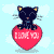 Pixelated black cat with yellow inner ears sits on red heart-shaped object with "I LOVE YOU" text, against light blue background with white clouds.