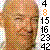 Pixelated portrait of a person with light brown hair and beard, wearing dark clothing against a white background with black and orange numbers.