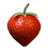 Pixelated red strawberry with green calyx and stem on gray background, static single-frame icon.