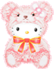 Pink teddy bear with Hello Kitty face wearing red bow, flower on ear, and white paws against gray background.