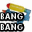 A pixelated water gun icon with text overlays changing across frames: "BANG BANG" on left, "oops your" top-right, and "dead! sorryy" bottom-left.