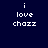 Pixelated text 'i love chazz' on dark blue background with pink rectangular overlays shifting across the image.