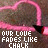 Animated contact sheet showing six frames of a pink neon heart outline with text "OUR LOVE FADES LIKE CHALK" over a textured brown background, where the word "FADES" alternates between white and red in different frames.