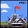 Pixel art of a gray tank with red accents under blue sky, featuring two cannons and a flagpole with red flag displaying square symbol.