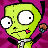 Pixelated green alien with large white eyes, black pupils, and a small pink mark on its cheek against a magenta background.