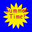 Four identical yellow starburst shapes with red text on a blue background, each displaying 'Summer Time!' in pixelated font.