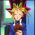 Pixelated character with spiky blonde hair and pink-trimmed black hat, wearing blue jacket over white shirt, holding brown object against light blue background.