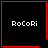 Four black square with red borders display "RoCoRi" text; top-right has a red heart, bottom-right has a red starburst symbol