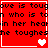 Red background with black pixelated text reading 'love is tough who is ton in her heart she toughest' and white/pink hearts, animated to change heart colors.