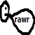 Pixelated black outline of a cartoon dog head with one eye, inside which 'rawr' is written in multicolored letters; surrounding text repeats 'RAWR!' and 'rawr!' in various colors.