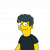 Pixelated cartoon character with yellow skin, dark hair, and glasses wearing a black shirt against gray background.