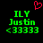 Green pixelated text 'ILY Justin <3333' on black background with red heart symbol above, two identical frames side-by-side.