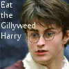 six shows a person with brown hair and glasses in maroon clothing, each displaying different facial expressions while text reads "Eat the Gillyweed Harry" on the left