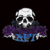Pixelated static icon featuring a white skull with black eye sockets and nose cavity, wearing a purple cape over dark clothing, with blue text below the skull on a solid black background.