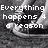 Pixelated grayscale image with white text overlay reading 'Everything happens 4 a reason' against a blurred background.