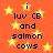 Orange background with yellow stars and black text reading "i luv CB and salmon cows" in two identical vertical