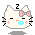 Pixel art of a white cat face with pink cheeks, black whiskers, and a pink bow; one version has blue mouth pixels while the other shows a large blue circular object near its cheek.