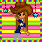Animated contact sheet of a cartoon cowgirl character with brown hair and blue shirt performing actions against pink, green, yellow striped background with repeated text "MaD CoWs Go" and "QUACK!".