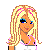 Pixelated cartoon character with blonde hair, blue eyes, and pink clothing; text reads 'party girl!' in bright pink letters.