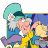 Pixelated cartoon-style icon featuring multiple characters in a colorful scene with blue, yellow, purple, and teal elements against a white background.