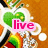 Animated icon with green heart, rainbow bell, and white swirls on brown background; text changes from 'live' to 'love' to 'hug' to '<3'.