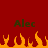 Red background with two instances of the name "Alec" in dark green text above a of orange and yellow pixelated flames