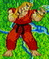 Pixelated character in martial arts stance with blonde hair, bare feet, and multiple colored karate uniforms against green grass background.
