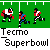 Pixel art of three football players on a green field with white yard lines, below which is text reading "Tecmo Superbowl" in pixelated font.