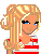 Pixel art contact sheet showing three frames of an animated icon with a blonde character, red-and-white striped shirt, blue jeans, and text reading "How many times must I tell the guys that I'm TAKEN" on a red background.