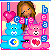 Pixel art buddy icon featuring a girl with long brown hair and two Care Bear-like characters against a pink background, with text elements and heart symbols.
