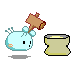 Pixel art animation of a light blue blob character with small antennae and orange cheeks using a wooden mallet to hit a yellow sack-like object across three frames.