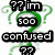 Green question marks with swirling tails surround a central large green question mark, while black text blocks display '?? im', 'scoo', 'confused', and '??' on the left side.