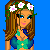 Pixel art contact sheet showing a female character in bikini with flower crown across multiple frames, including full-body and close-up views holding basket and stick on beach background.