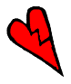 Red broken heart icon with black outline, two distinct orientations on white background.