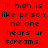 Red background with black pixelated text repeating 'jr high is like prison,like prison,like prison. no one hears ur screams...' in a pattern