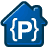 Blue house-shaped icon with white curly braces enclosing a capital P, pixelated rendering on gray background.